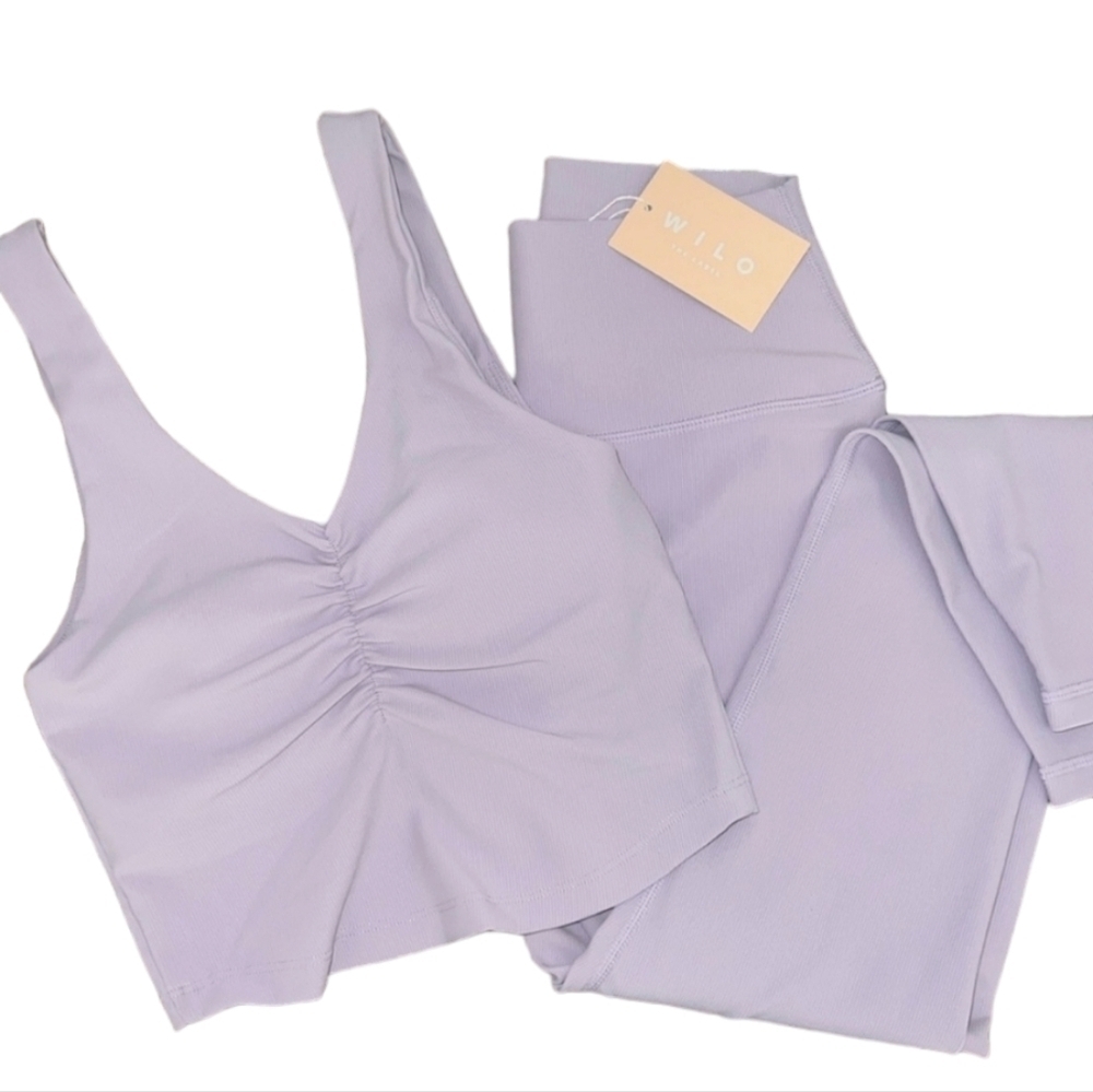 Wilo The Label Ruched Bra and Ribbed Leggings Set Lilac NEW - Picture 8 of 8